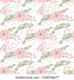 Floral seamless pattern with flowers and flowering plants on white background. Botanical backdrop. Flat cartoon colorful vector illustration for wrapping paper, textile print, wallpaper.