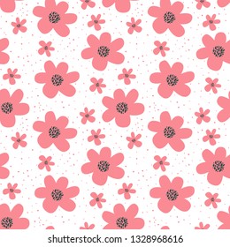 Floral seamless pattern with flowers and flowering plants on white background. Botanical backdrop. Flat cartoon colorful vector illustration for wrapping paper, textile print, wallpaper.