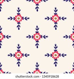 Floral seamless pattern with flowers and flowering plants on white background. Botanical backdrop. Flat cartoon colorful vector illustration for wrapping paper, textile print, wallpaper.