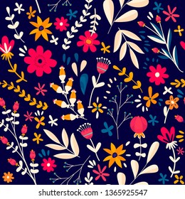Floral seamless pattern with flowers and flowering plants. Botanical backdrop. Flat cartoon colorful vector illustration for wrapping paper, textile print, wallpaper.