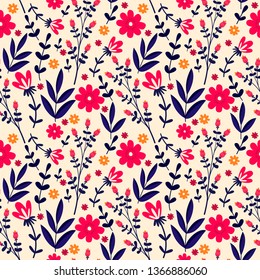 Floral seamless pattern with flowers and flowering plants. Botanical backdrop. Flat cartoon colorful vector illustration for wrapping paper, textile print, wallpaper.