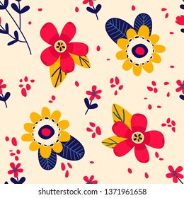 Floral seamless pattern with flowers and flowering plants. Botanical backdrop. Flat cartoon colorful vector illustration for wrapping paper, textile print, wallpaper.