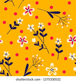 Floral seamless pattern with flowers and flowering plants. Botanical backdrop. Flat cartoon colorful vector illustration for wrapping paper, textile print, wallpaper.
