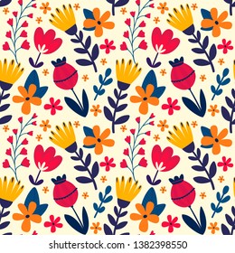 Floral seamless pattern with flowers and flowering plants. Botanical backdrop. Flat cartoon colorful vector illustration for wrapping paper, textile print, wallpaper.