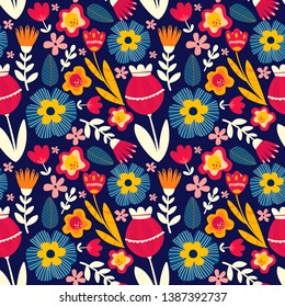 Floral seamless pattern with flowers and flowering plants. Botanical backdrop. Flat cartoon colorful vector illustration for wrapping paper, textile print, wallpaper.
