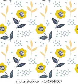 Floral seamless pattern with flowers and flowering plants on white background. Botanical backdrop. Flat cartoon colorful vector illustration for wrapping paper, textile print, wallpaper.