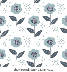 Floral seamless pattern with flowers and flowering plants on white background. Botanical backdrop. Flat cartoon colorful vector illustration for wrapping paper, textile print, wallpaper.