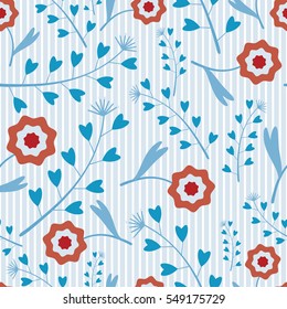Floral Seamless Pattern with  Flowers and green Grass on a striped gentle background.Leaves heart-shaped.Bright summer patterns.Vector illustration for fabric,textile,scrapbooking,wrapping paper.