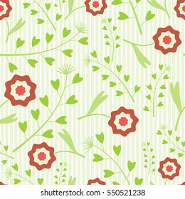 Floral Seamless Pattern with Flowers and green Grass on a striped gentle background.Leaves heart-shaped.summer patterns.Vector illustration for fabric,textile,scrapbooking,wrapping paper.