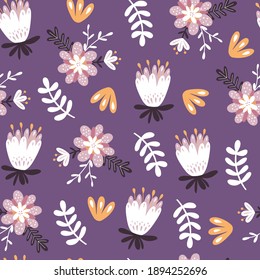 Floral seamless pattern with flowers, hand drawn elements. Vector illustration.