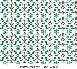 Floral sin fisuras con flores y flor en forma de corazón en estilo vintage. El día de San Valentín o el papel de envoltura de la boda sobre un patrón verde rojo sobre fondo blanco.