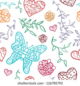 Floral seamless pattern with flowers, hearts and butterfly. Vector illustration for your lovely design. Seamless endless funny spring texture for textile. Colorful.