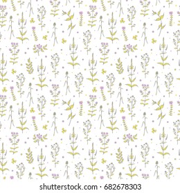 Floral seamless pattern with flowers and herbs. Hand drawn medical cosmetic background. Boho style white texture, wallpaper, scrapbooking, fabric
