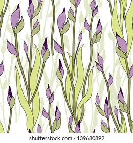 floral seamless pattern. flowers iris and leaves background.