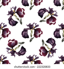 Floral seamless pattern flowers iris, watercolor, ink, traditional oriental technique.