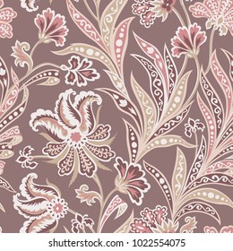 Floral seamless pattern with flowers and leaves Arabic style flourish background. Oriental fabric ornamental wallpaper. Floral easten artistic wonderland design