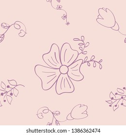 Floral seamless pattern. Flowers and leaves. Vector illustration. Pastel pink background. Sketch. Spring, summer theme.