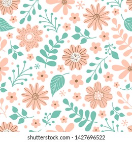 Floral seamless pattern with flowers and leaves on white background.