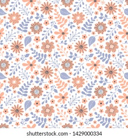 Floral seamless pattern with flowers and leaves on white background.