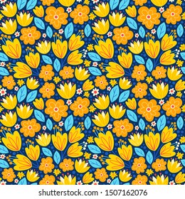 Floral seamless pattern with flowers and leaves on white. Botanical vector background . Natural bright design.