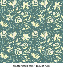 Floral seamless pattern with flowers, leaves and herbs . Discontinuous outlines of a plant in a drawing