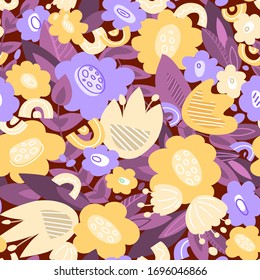Floral seamless pattern - flowers and leaves hand drawn, surface design with botanical elements, colorful background with blossom for card, textile, wrapping or scrapbook paper - Vector illustration