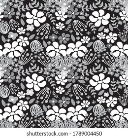 Floral seamless pattern, flowers and leaves greyscale vector illustration for textile, fabric, wallpaper, wrapping paper, stationary etc.