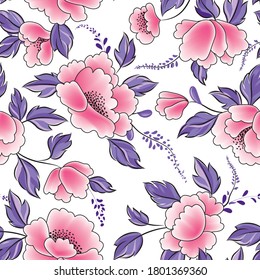 Floral seamless pattern. Flowers with leaves ornamental background. Flourish nature garden texture