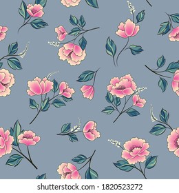 Floral seamless pattern. Flowers with leaves ornamental background. Flourish nature garden texture