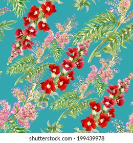 Floral seamless pattern with flowers and leaves on green background vector