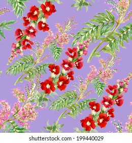 Floral seamless pattern with flowers and leaves on violet background vector