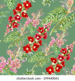 Floral seamless pattern with flowers and leaves on green background vector