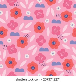 Floral seamless pattern with flowers, leaves, dots, abstract shapes on pink background. Perfect for spring and summer holidays, wallpaper, greeting cards. Vector illustration