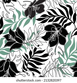 Floral seamless pattern. Flowers with leaves ornamental texture. Flourish nature summer garden textured background