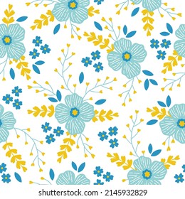 Blumennahtloses Muster mit Blumen, Blättern, Ästen in Blau und Gelb. Perfekt für die Unterstützung der Ukraine, Tapete, Wickelpapier, Hintergrund, Stoff. Vektorgrafik
