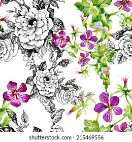 Floral seamless pattern with flowers and leaves on white background vector illustration
