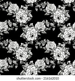 Floral seamless pattern with flowers and leaves on black background vector illustration