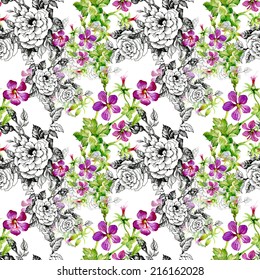 Floral seamless pattern with flowers and leaves on white background vector illustration