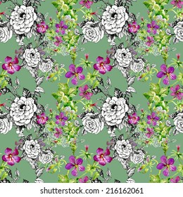 Floral seamless pattern with flowers and leaves on green background vector illustration