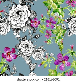 Floral seamless pattern with flowers and leaves on blue background vector illustration