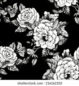 Floral seamless pattern with flowers and leaves on black background vector illustration