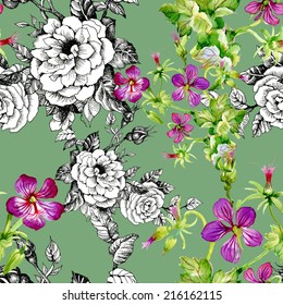 Floral seamless pattern with flowers and leaves on green background vector illustration