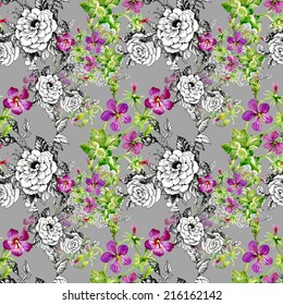 Floral seamless pattern with flowers and leaves on gray background vector illustration