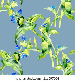 Floral seamless pattern with flowers and leaves on blue background vector illustration