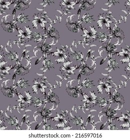 Floral seamless pattern with flowers and leaves on gray background vector illustration