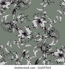 Floral seamless pattern with flowers and leaves on gray background vector illustration