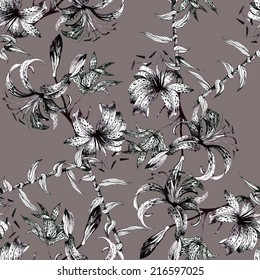 Floral seamless pattern with flowers and leaves on brown background vector illustration