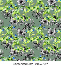 Floral seamless pattern with flowers and leaves on green background vector illustration