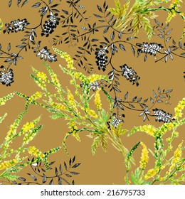 Floral seamless pattern with flowers and leaves on brown background vector illustration
