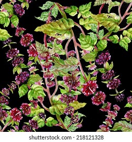 Floral seamless pattern with flowers and leaves on black background vector illustration